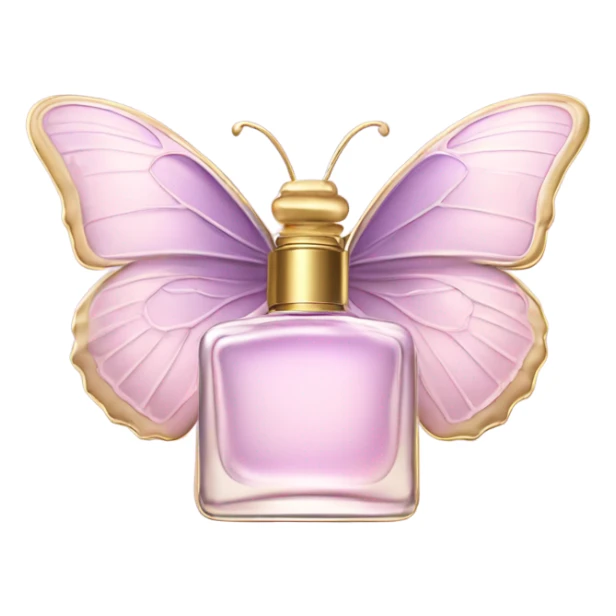  pastel pink butterfly resting on an elegant lavender perfume bottle with gold details. sticker