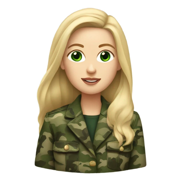 White girl with Long blonde hair and green eyes, camouflage Wool oversize blazer sticker