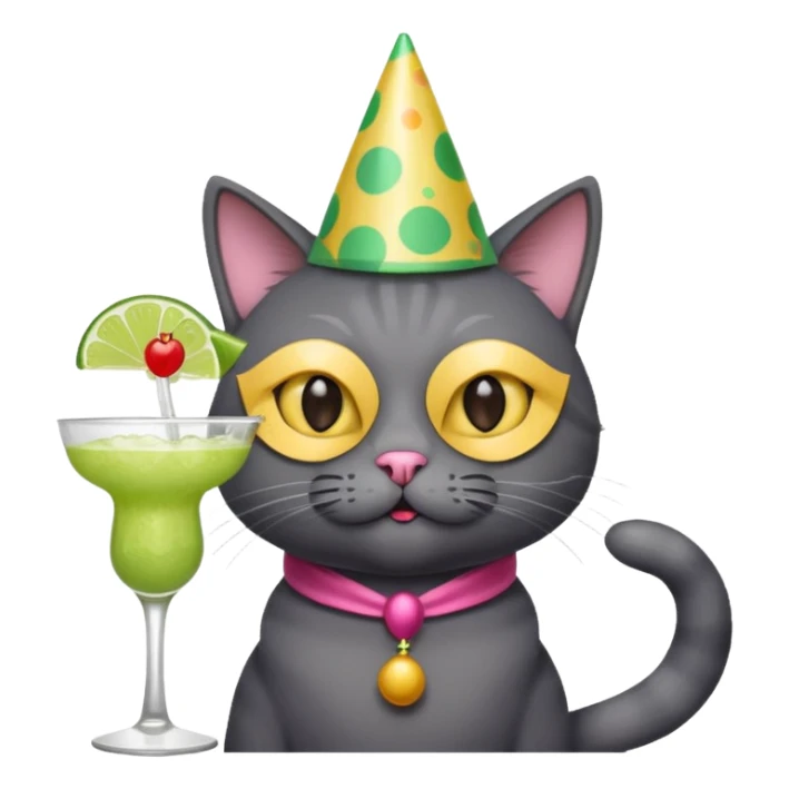 An old, dark grey cat is wearing a party hat, and drinking a margarita. sticker