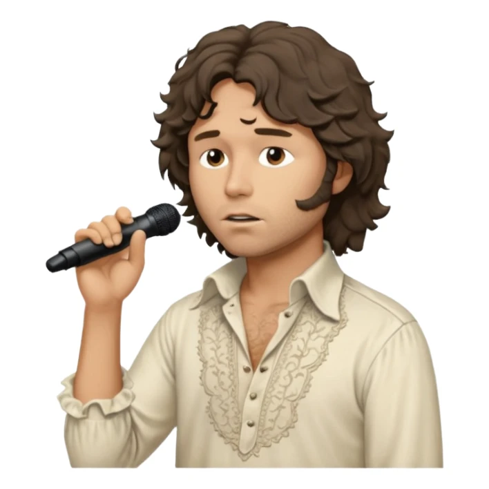 solarpunk realistic ultra HD - a thoughtful, messy, shaggy Jim Morrison in a ivory Victorian shirt, singing on stage sticker