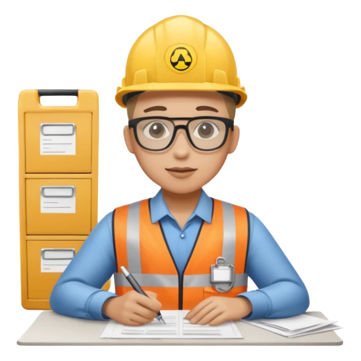 The occupational safety specialist is sitting at the paperwork sticker