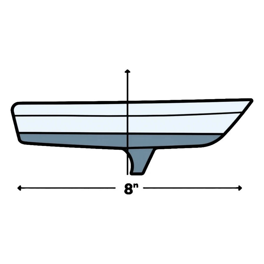 technical diagram of 8 meter boat hull with measurement marked sticker