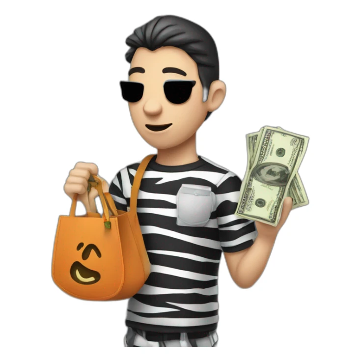 Thief in prison zebra shirt and bag with money sticker