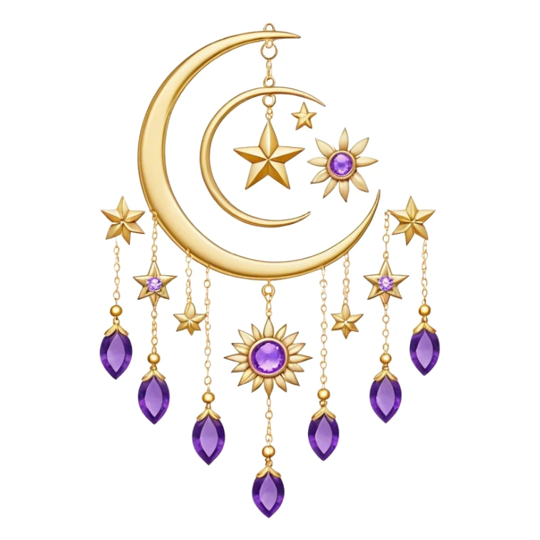 Epic beautiful gorgeous cute gold suncatcher, threads with shiny sparkly amethyst gemstones, flowers, crescents-moons, stars sticker