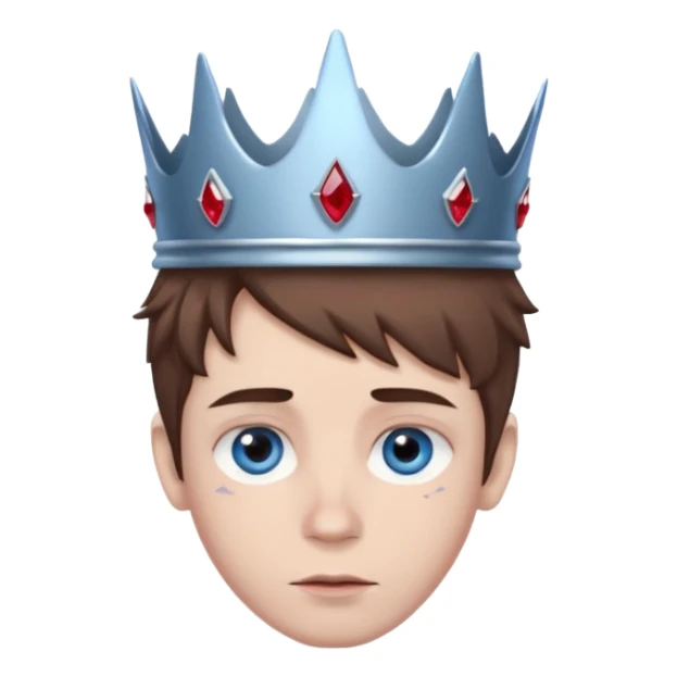 grey boy head with right eye blue and left eye red. he has messy brown hair and a silver crown with rubies on it sticker