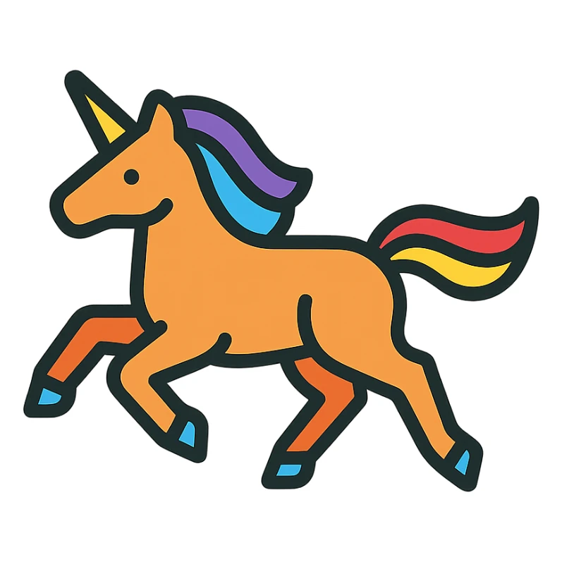 a running unicorn icon with vibrant rainbow colors, transparent background, logo-ready sticker