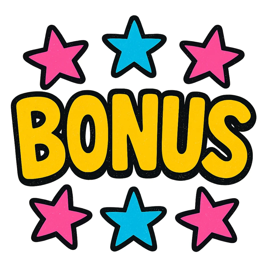 the word BONUS in large letters, all the same vibrant color, surrounded by stars, no background or sign behind, just the letters and stars, vibrant cartoon style sticker