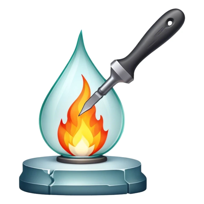 Glassworking icon, piece of glass being shaped with tools, glass cutter, flame for glassblowing, smooth edges, sparkling texture, minimalistic style, clean lines, transparent background. sticker