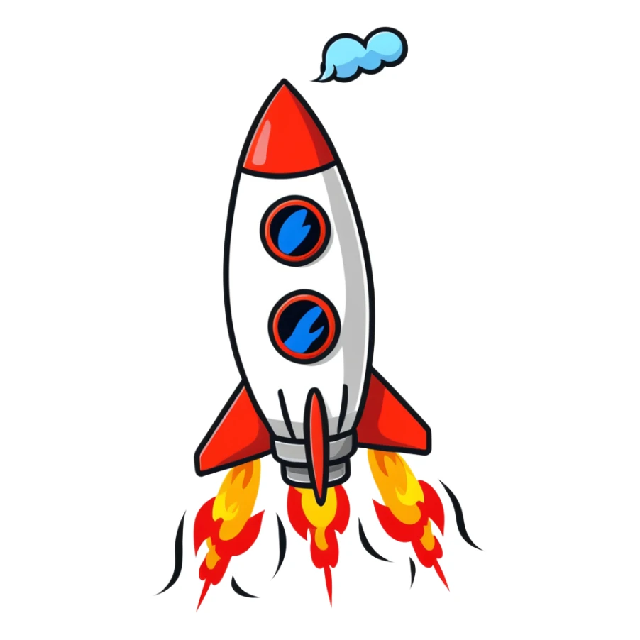 A colorful rocket blasting off with flames and clouds of smoke sticker