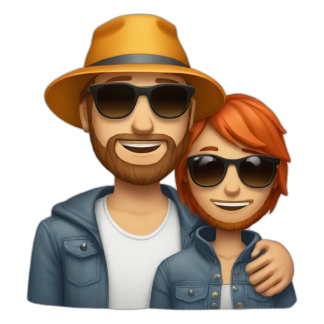 red haired man with beard wearing bucket hat and sunglasses hugging another person sticker