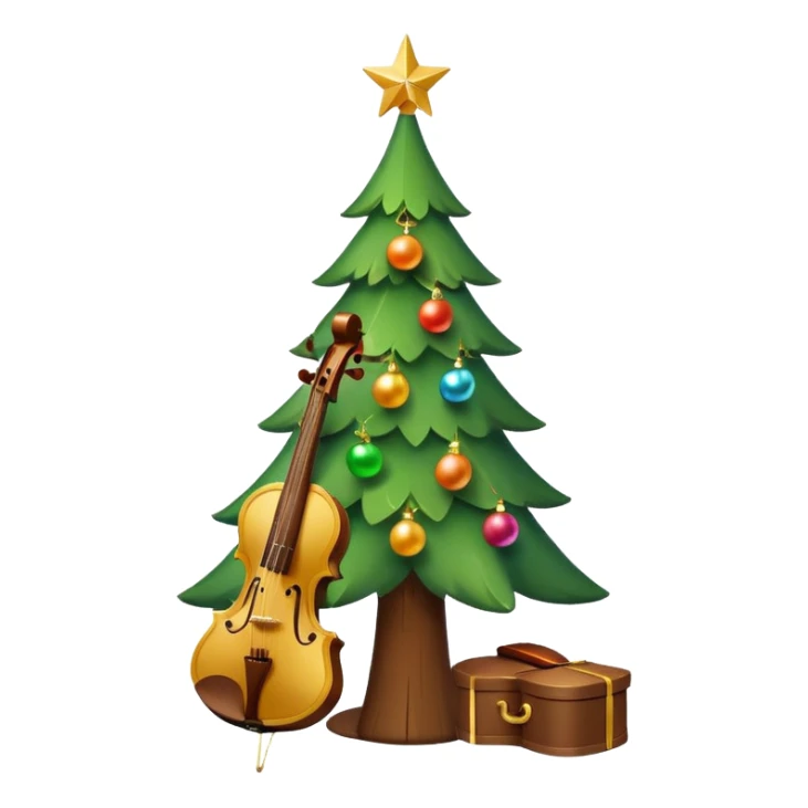 A cute, minimal emoji-style Christmas tree with a bright green triangular shape, decorated with a simple glowing light garland and round colorful baubles, a wooden violin replacing the trunk, and a small playful monkey sitting at the very top carefully placing a golden Christmas star sticker