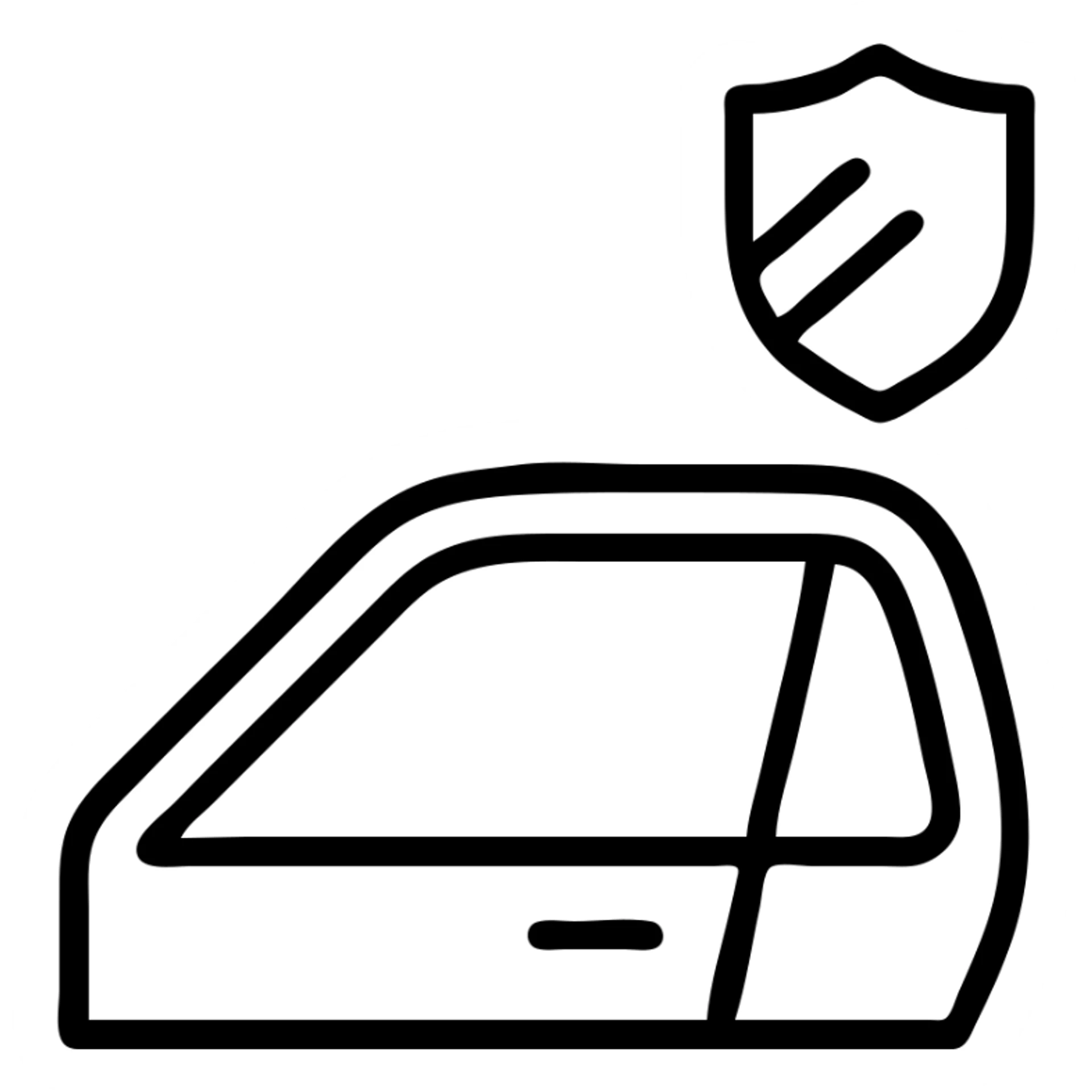 outlined icon of luxury car side window, clean lines, dark to gray gradient suggested with lines, small shield or blocked sunbeam, subtle shading, modern and simple sticker