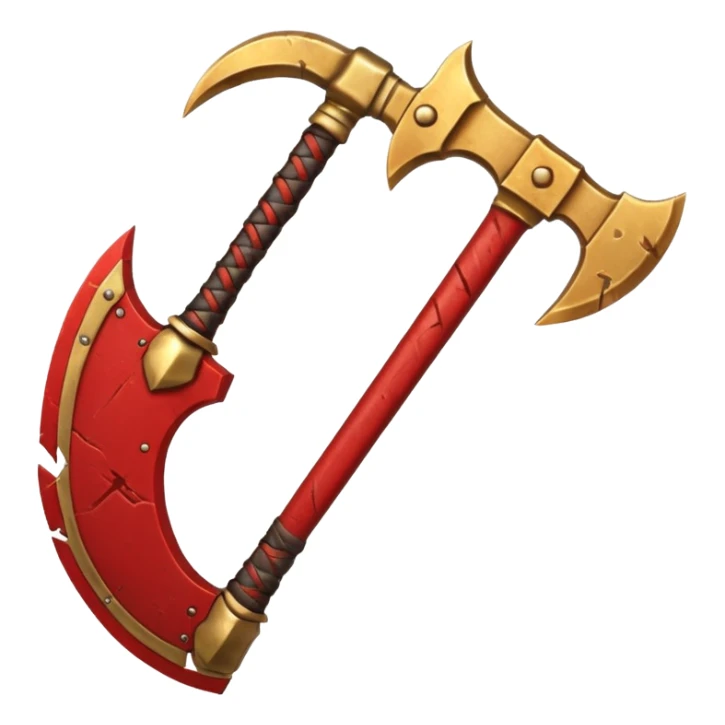 Ares battle axe object icon, ancient Greek war god axe, double-bladed heavy axe, red and gold metal, battle-worn scratches, glowing red accents, 3D cartoon, mobile game icon style, centered, clean background, soft shadow, no text, no watermark

 sticker
