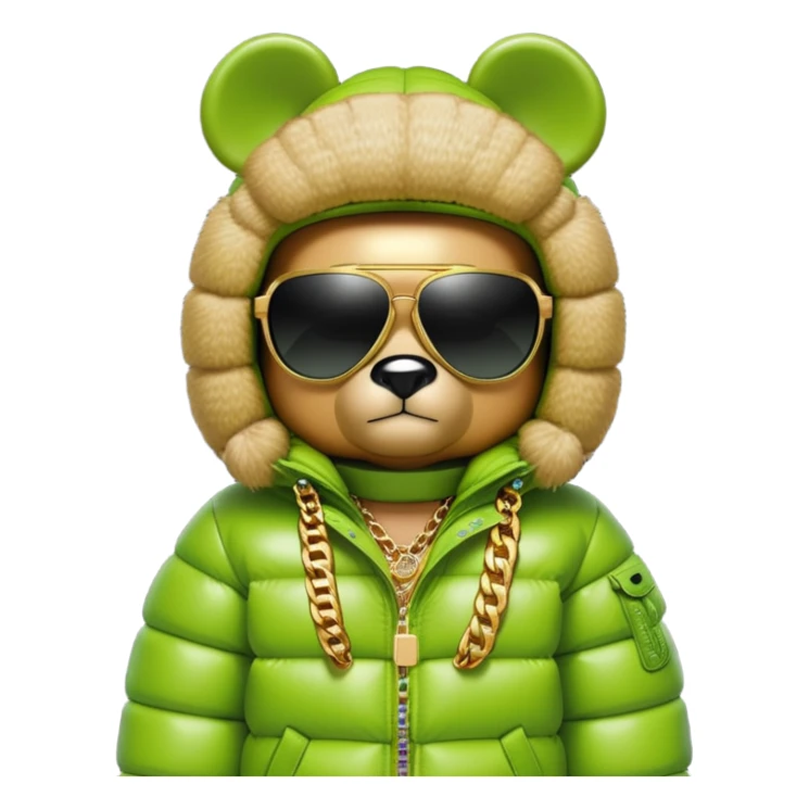 classic bearbrick wearing lime green mask with logo tags, oversized puffy down jacket with lavish fur hood, single-lens visor sunglasses, stacked gold chains, streetwear fashion icon sticker
