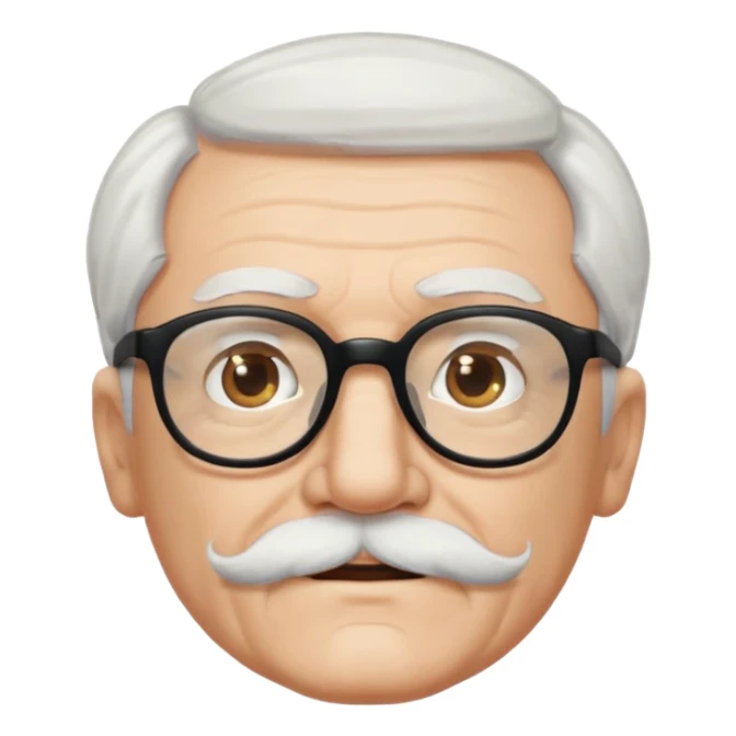 An elderly man with white hair and mustache, wearing black glasses sticker