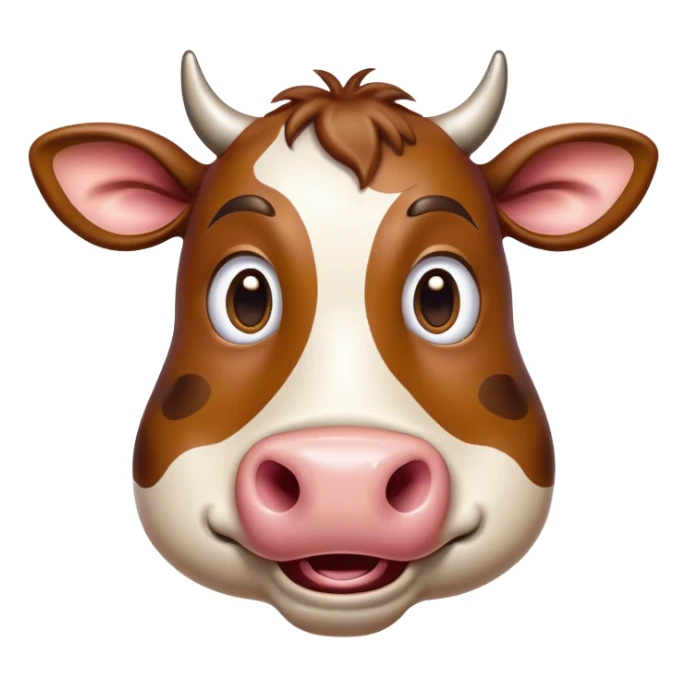 Cinematic Comical Brown Cow Portrait Emoji, Head tilted dramatically with an exaggeratedly amused expression, featuring a striking, glossy brown hide with a playful natural pattern, wide, expressive brown eyes filled with humorous disbelief, Simplified yet hilariously expressive features, highly detailed, glowing with a slightly sassy glow, high shine, dramatic yet playful, stylized with an air of cheeky farmyard mischief, bright and endearing, soft glowing outline, capturing the essence of a spirited and over-the-top cow, so meme-worthy it feels like it could moo its way into internet fame instantly! sticker