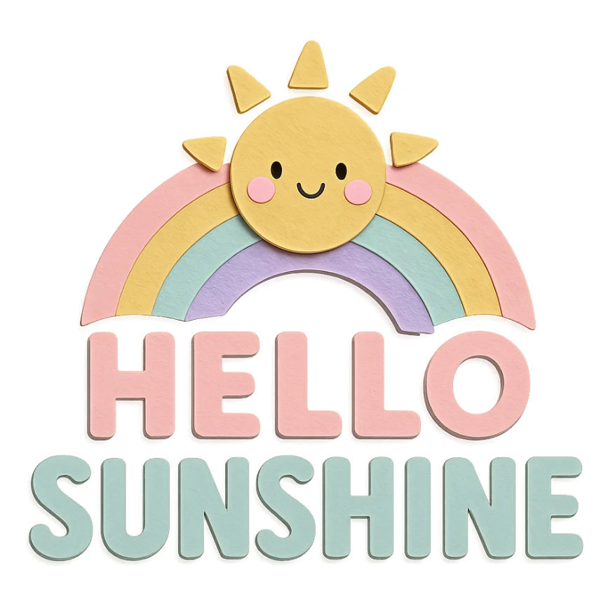 "Hello Sunshine" soft pastel rainbow bold soft letters, kawaii sticker art, transparent PNG, no outline, paper craft style sticker