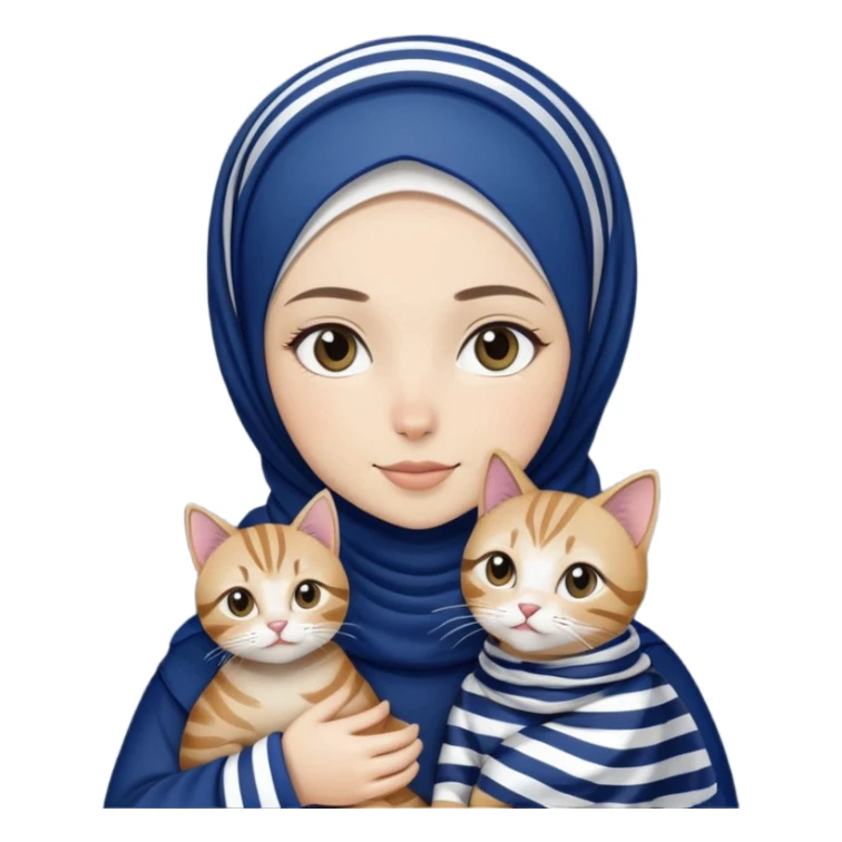 White hijab girl wearing dark blue hijab holding stripes tabby cat sticker