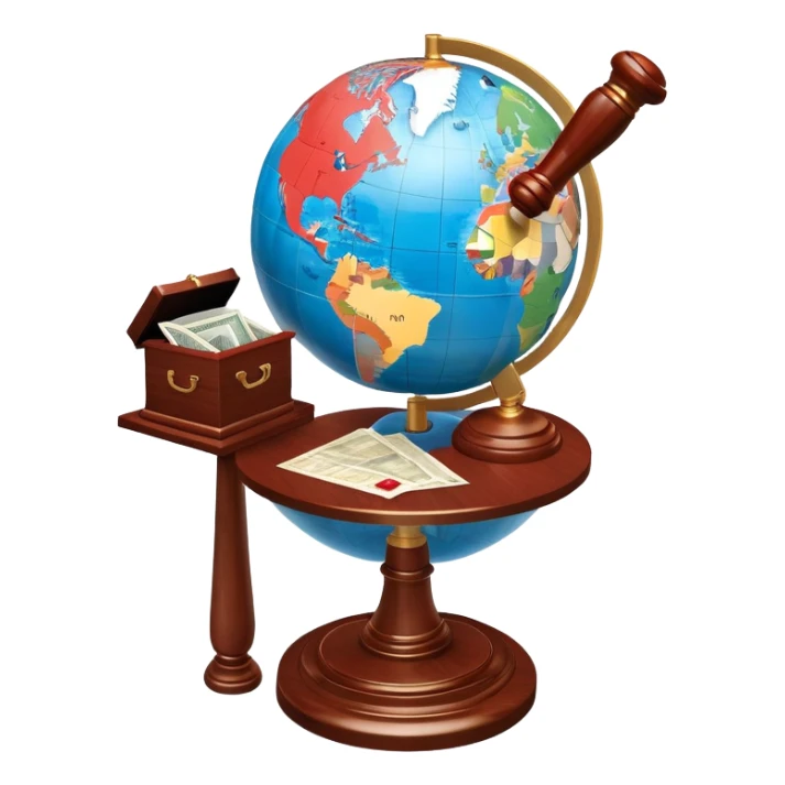 An icon featuring a globe with a gavel and a political map, symbolizing political science. The design includes a ballot box and a podium, representing democracy and governance. Transparent background highlights the study of political systems and global relations. sticker