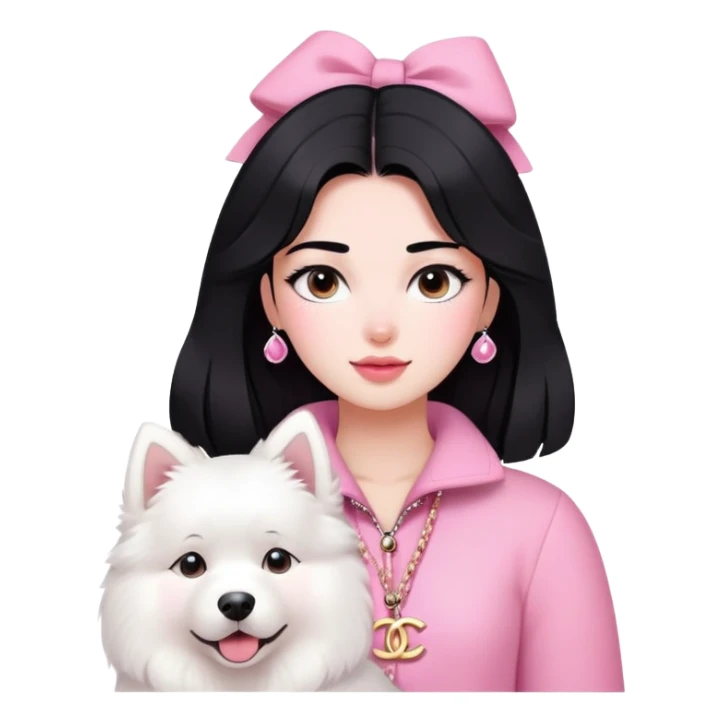 Black-haired girl in pink Chanel-style outfit with white Samoyed dog sticker