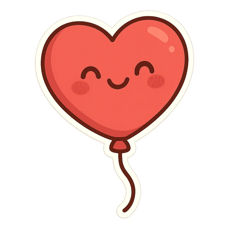 cute cartoon heart with a small string, floating upwards, cheerful and simple sticker