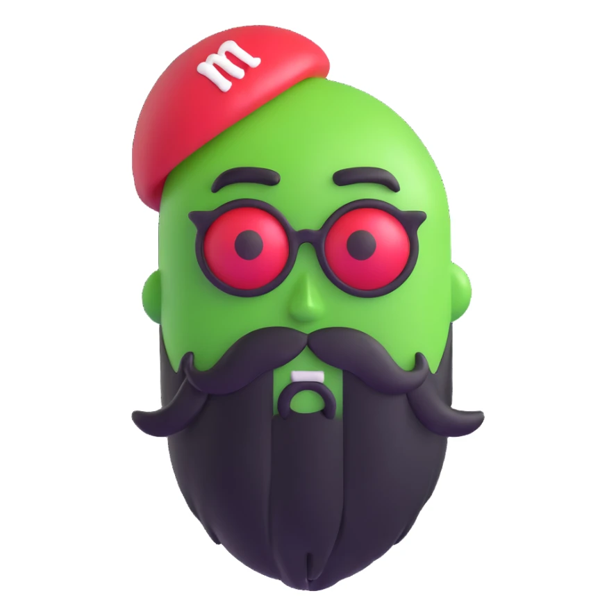 green m&m candy character with a black beard sticker