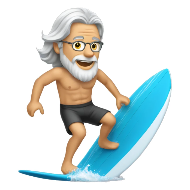 Long Grey haired (shoulder length hair) man surfing shirt off sticker