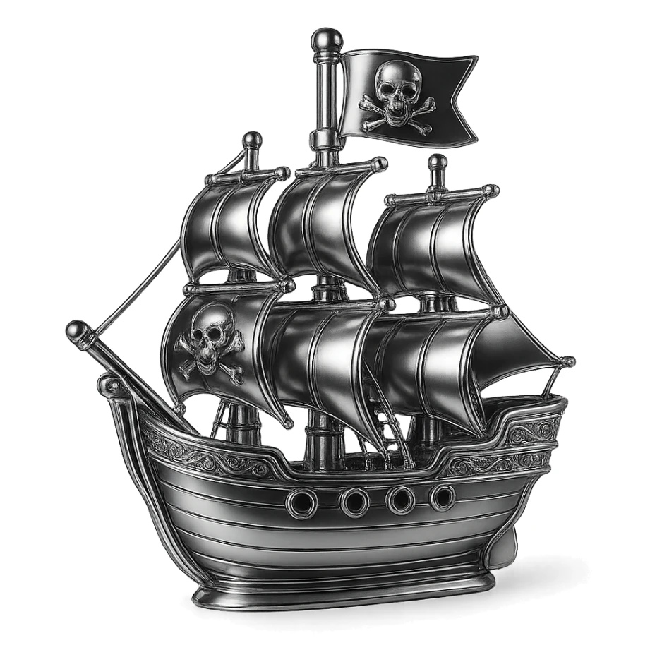 Refine the pirate ship's flag emblem to closely match the provided skull and crossed bones: a realistic animal skull with open mouth and two curved bones crossing behind it, all rendered in a dramatic chrome style. Keep the rest of the ship and flag in chrome with a dramatic effect. sticker