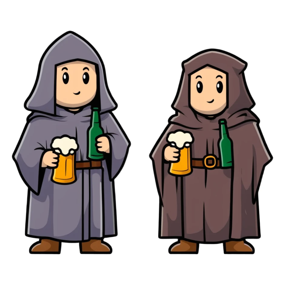 group of medieval pilgrims with cloaks and beer bottles sticker