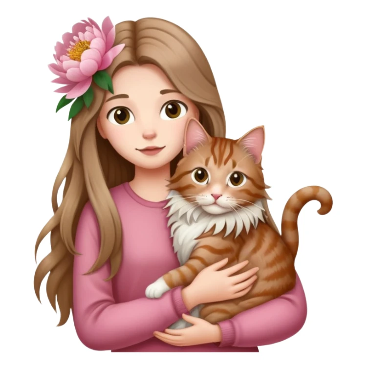 A long haired girl holding a long haired tabby in peony sticker