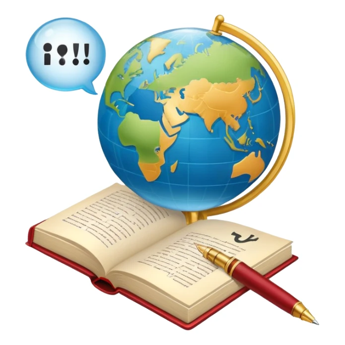 An icon featuring an open book, a speech bubble, and a pen, symbolizing philology and linguistics. The design includes a globe with language characters and grammar symbols, representing the study of languages and literature. Transparent background highlights language analysis. sticker
