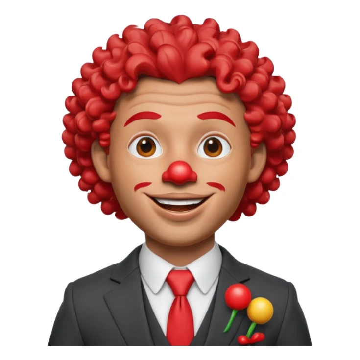 A 3D cartoon man with a red clown nose, smiling expression, wearing a suit, soft lighting, curley hair, realistic Memoji-style. sticker