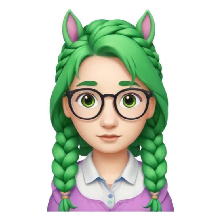 braided unicorn wiith big visible braids looking into the camera spectacled green hair and no ears sticker