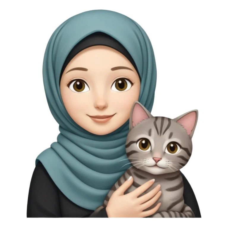 White girl wearing hijab smiling while holding a black grey tabby cat sticker