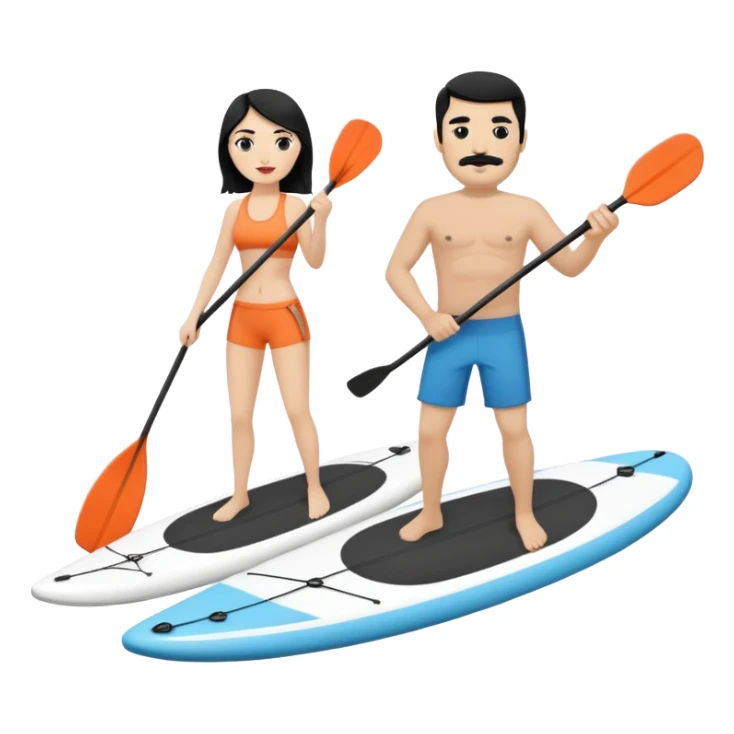 Make a couple paddle boarding both white skin and black hair and the guy has a black mustache, both in the same paddle board sticker