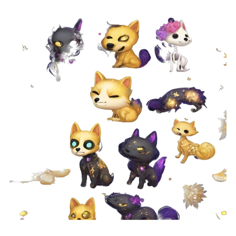 Black iridescent dog fox zombie skeleton gold mechanical nebula galaxy stars flowers fairy lights vintage sticker