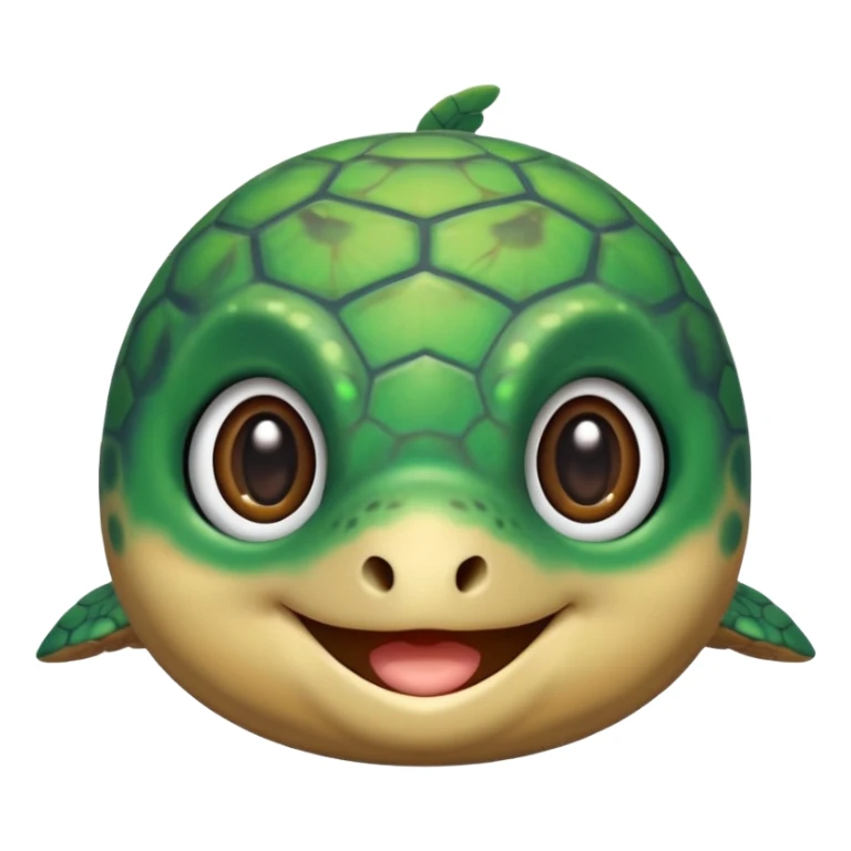 extremely cute aesthetic sea turtle with tiny body, huge shiny round eyes, soft green and brown tones, maximally cute, kawaii-inspired, Apple emoji style sticker