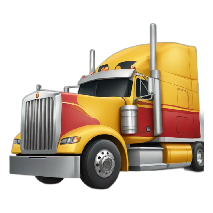 Big rig 18 wheeler with Asian man taking a photo sticker