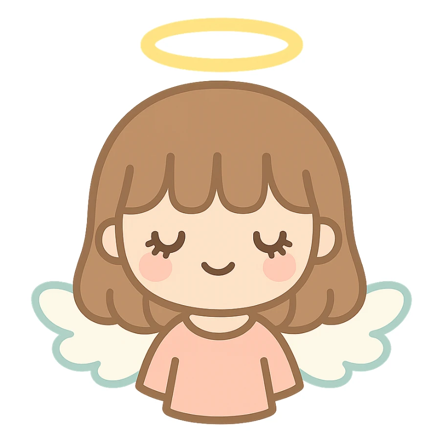 cute brown haired girl with bangs and long lashes as an angel, soft features, glowing halo, small wings, gentle smile sticker