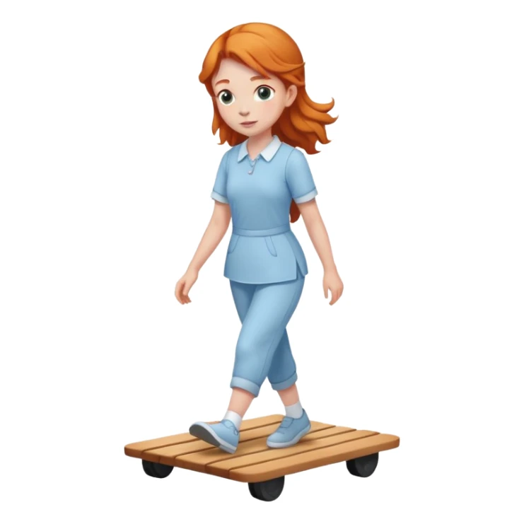 Ginger girl walking on wooden walking pad light blue outfit sticker