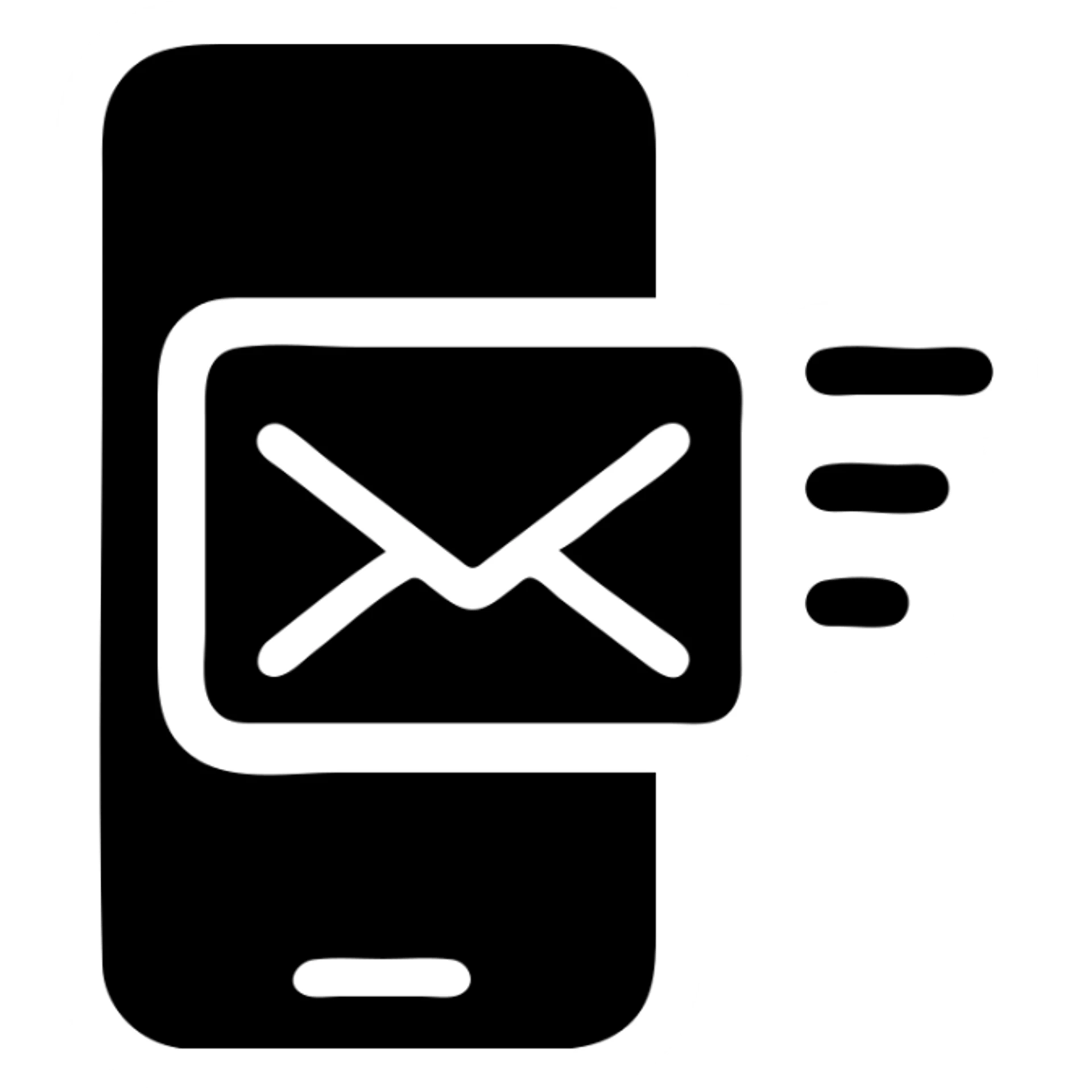 Create a minimalist icon with a phone body and an envelope, both filled with solid black color, on a transparent background, matching the example style shown in the reference image. sticker