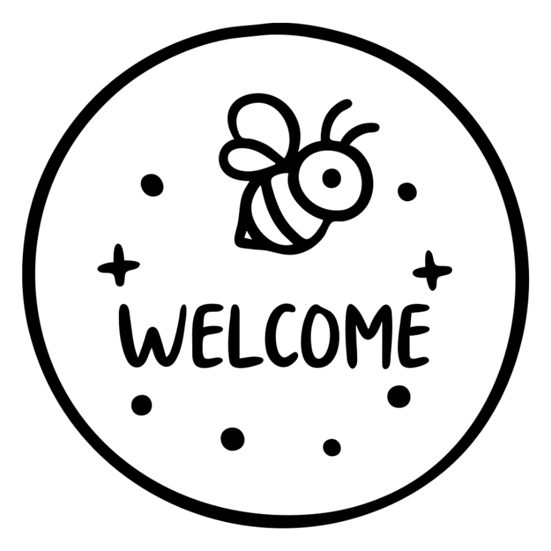 Welcome sign with honeybee, black and yellow colors, 'WELCOME' text sticker