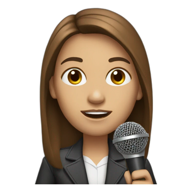 a journalist with long brown hair with a microphone sticker