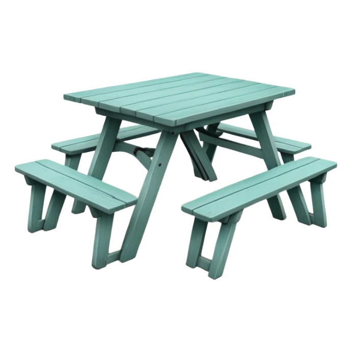 functional scenic prop picnic table with benches, soft teal, straight vertical legs, wheels, flat wood-style silhouette, clean geometry, minimal shading sticker