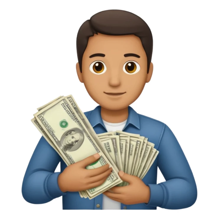 man holding lots of money sticker