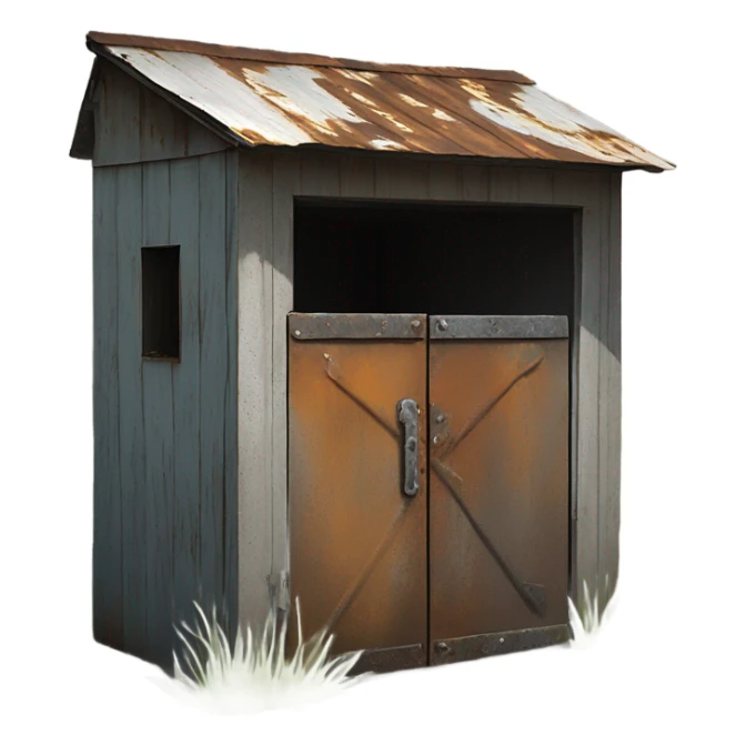 An outdoor tool shed found abandoned on Alcatraz island, corner angle  sticker