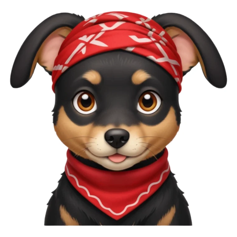Shadow is a mixed-breed dog, a cross between a Belgian Malinois and a Border Collie. He has a sleek black coat, big upright ears, and bright, intelligent eyes. He wears a red bandana around his neck, which gives him a strong and distinctive look. sticker