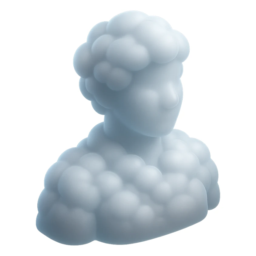 A person from the shoulders up, entirely composed of fluffy, convex, white clouds sticker