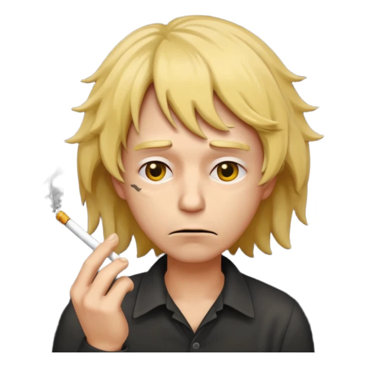 stressed classic yellow emoji looking down shaking head wearing a disheveled wig with a cigarette in hand sticker