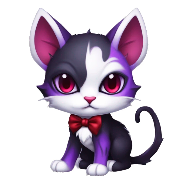 Cute-Evil-Vampiric-Batty-Cat-Black-Purple-Red-White-Contrast-Colors-Fantasy-Fur-Sona-Chibi-Shiny-Fakémon-Hybrid with horns and big fangs neck bow white tie leg spats full body sticker